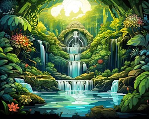 Fototapeta premium In a lush green forest, there is a small waterfall. (Illustration, Generative AI)