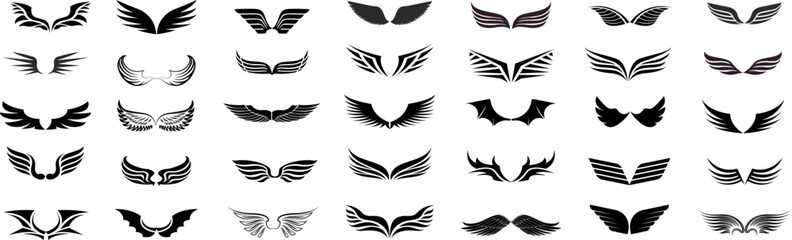 Fototapeta na wymiar Set of black wings icons. Wings badges. Set of monochrome wings. flying symbols, black figures, signs.