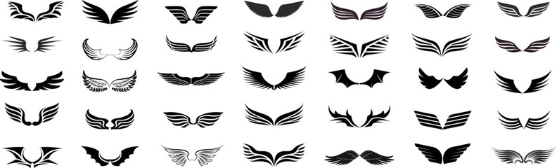 Set of black wings icons. Wings badges. Set of monochrome wings. flying symbols, black figures, signs.