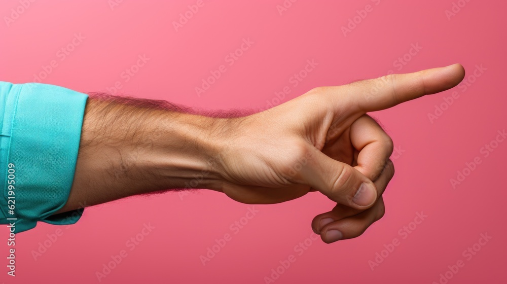 Poster a man's hand pointing at something on a pink background. generative ai image.
