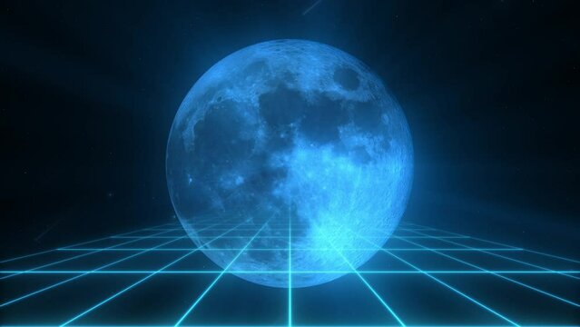 Trendy retro futuristic blue neon lights 3d road to the moon on starry background. 3D render. Retrowave VJ videogame landscape, neon lights and low poly terrain grid. Retro full moon. Seamless loop.	