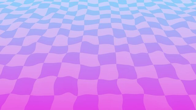 Retro animated background with black and white checkered floor, vaporwave aesthetics, pastel colors. Chess board style loop. Surreal vaporwave with a checkerboard floor. Vintage style retro background