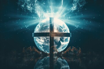 Cross and earth. Christian concept. 3d rendering toned image