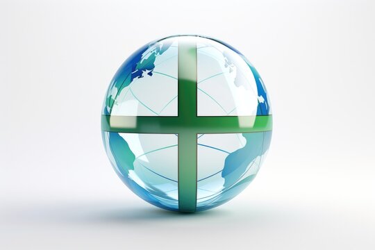 Glass globe with a green cross on white background. 3d render