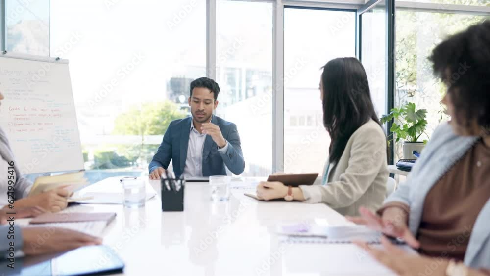 Poster anger, stress and laptop with business man in meeting for glitch, technology and frustrated. mental 