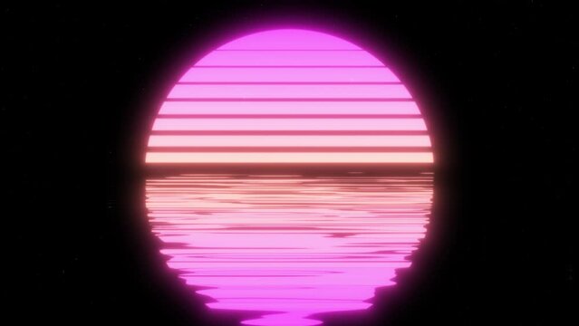 Retro sun sunset on a starry sky and water waves bright neon rays, vibrant shine with neon glow around the sun. Screensaver for advertising and space for products. Synthwave, vaporwave sunset