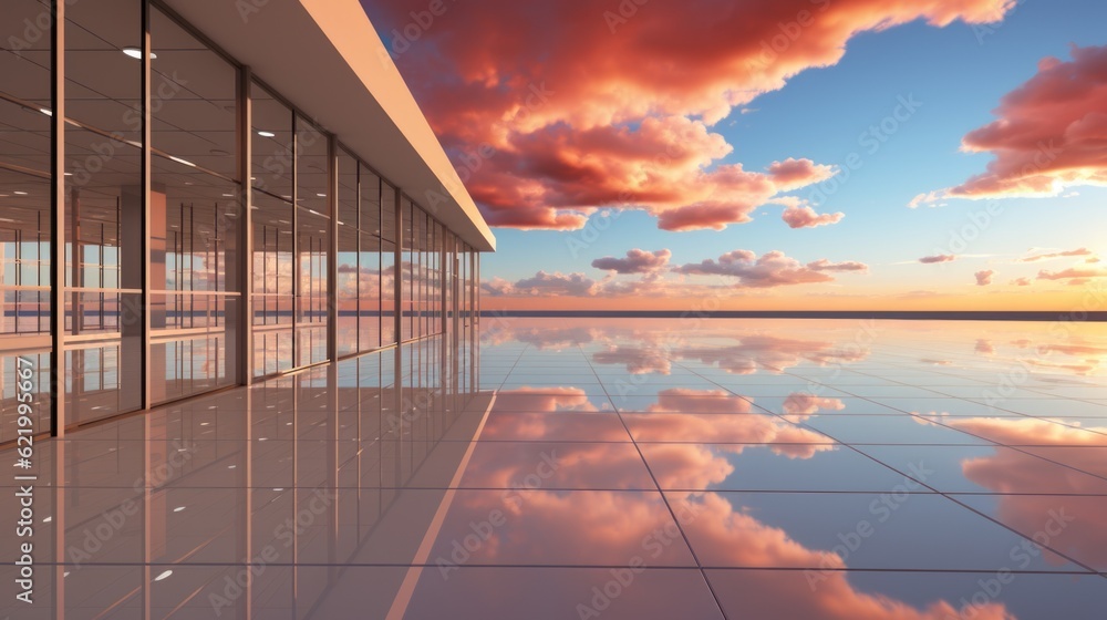 Poster a large glass building with a sunset in the background. generative ai image.