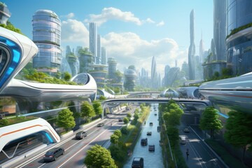 beautiful city of the future, eco-style, with green gardens on the balconies, futurism