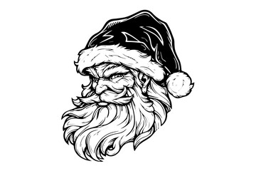 Santa Claus head in a hat sketch hand drawn in engraving style vector illustration.