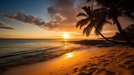 Fototapeta na wymiar A golden sunset over a tranquil beach AI generated