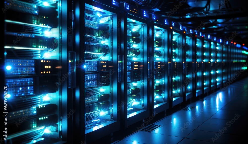 Poster a row of servers in a data center. generative ai image.