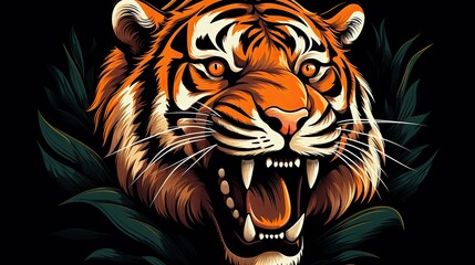 A tiger's face in close up against black background. (Illustration, Generative AI)