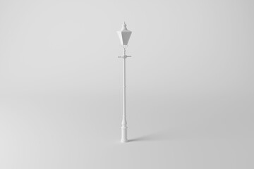 Lamp post on white background in monochrome and minimalism. Illustration of the concept of street and pedestrian facilities