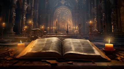 a book at the time of the holy inquisition with a mysterious setting inside a church night...