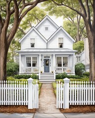 In front of a thatched-roof white house, a white picket fence surrounds a white door. (Generative AI) - 621996243