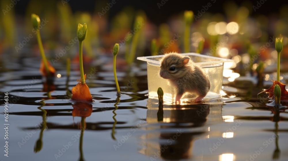 Poster a small mouse in a plastic container in the water. generative ai image.