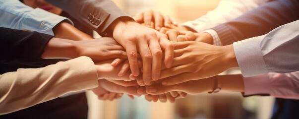 Stack of hands showing unity and teamwork, office background, panorama. Generative Ai.