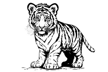 Fototapeta premium Hand drawn engraving style sketch of a tiger cub, vector ink illustration.