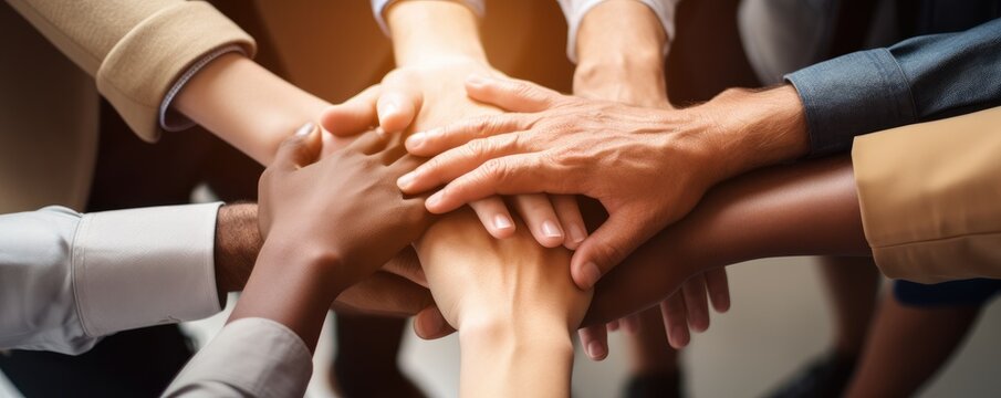 Stack Of Hands Showing Unity And Teamwork, Office Background, Panorama. Generative Ai.