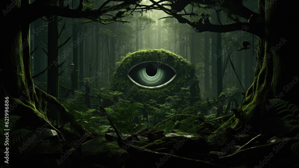 Poster a creepy looking eye in the middle of a forest. generative ai image.