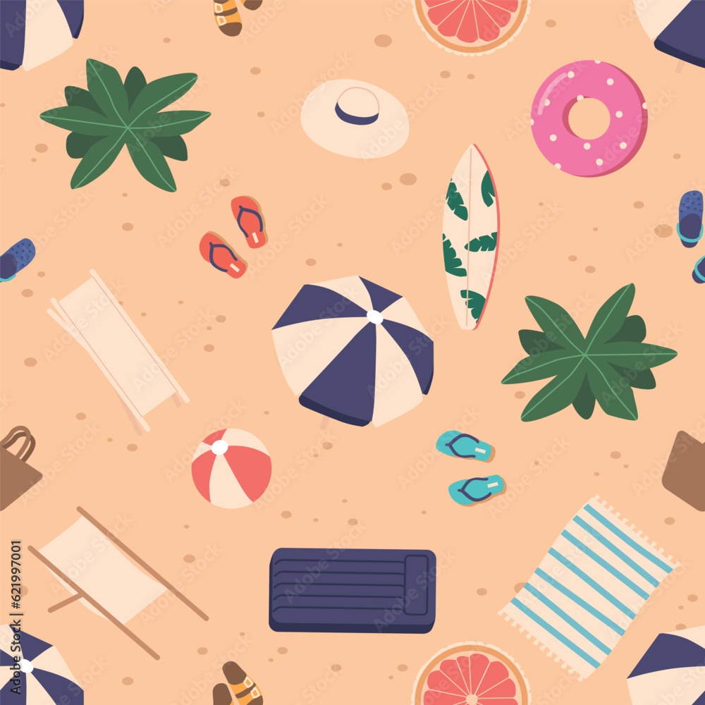Poster seamless pattern with beach items top view. repeated background with inflatable ring, umbrella, beac