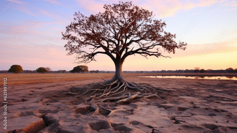 Poster a large tree with roots in the middle of a field. generative ai image.
