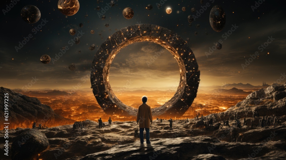 Aufkleber a man standing in front of a giant circle. generative ai image.