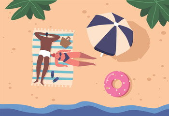 Top View Of A Serene Beach Scene, With A Couple Lying On The Sandy Shore, Enjoying The Sun And Peaceful Surroundings