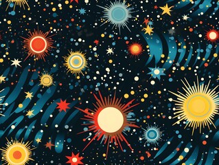 Seamless Pattern Galaxy, Outer Space, Stars, Solar System, Saturn, Sun, Planets, Simple Illustration