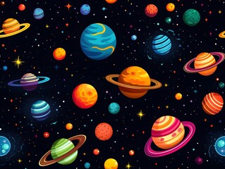 Fototapeta premium Seamless Pattern Galaxy, Outer Space, Stars, Solar System, Saturn, Sun, Planets, Simple Illustration
