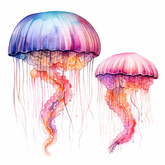 Fototapeta premium jellyfish set watercolor on a white background created with Generative Ai