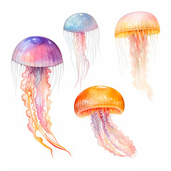 jellyfish set watercolor on a white background created with Generative Ai