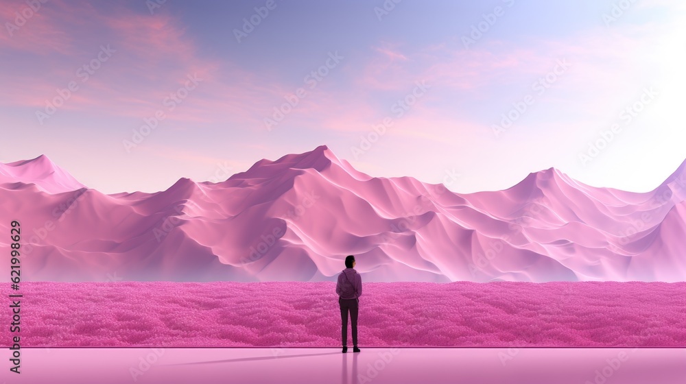 Poster a man standing in front of a mountain range. generative ai image.