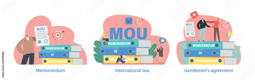 Poster isolated elements with characters presenting memorandum of understanding or mou. non-binding agreeme