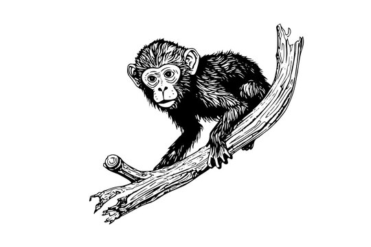 Monkey sitting on a branch. Ink sketch engraving vector illustration.