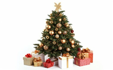 Fototapeta na wymiar Composition with Christmas tree and gifts isolated on white background, Generative AI