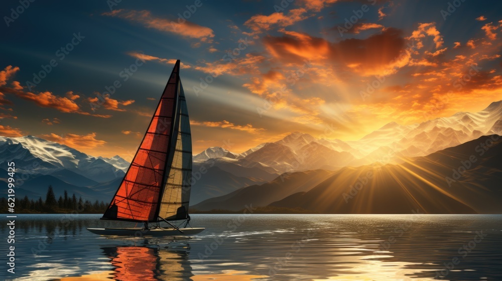 Aufkleber a sailboat in the middle of a lake with mountains in the background. generative ai image.