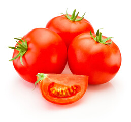 Ripe red tomatoes vegetable with cut isolated on white background