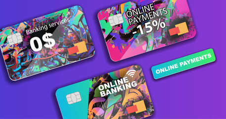 Bank plastic cards with graffiti-style design