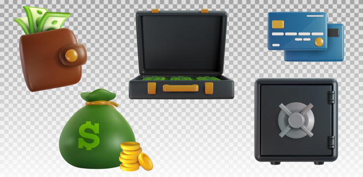 Vector 3d business finance or banking icons in realistic cartoon style. Safe, wallet, money bag, case, credit card. Creative commercial design elements. Set colorful glossy art illustration.