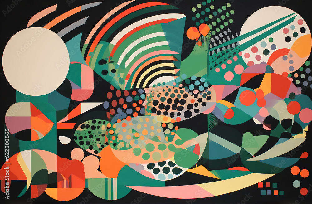 Poster Abstract background in the style of expressionism, modern and Bauhaus. Artistic abstraction with colorful circles and lines. Generative AI.