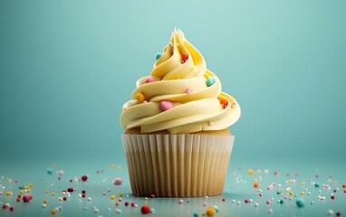 A cupcake adorned with yellow whipped cream decorations, Generative Ai