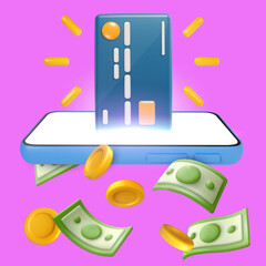 Smartphone device with credit card and flying money and golden coins in bright realistic 3d style. Creative minimal vector illustration. Vivid business commercial concept art.