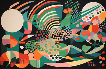 Abstract background in the style of expressionism, modern and Bauhaus. Artistic abstraction with colorful circles and lines. Generative AI.