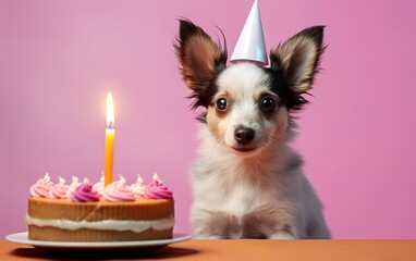 Fototapeta na wymiar Festive Birthday Celebration: Adorable Dog with Party Hat, AI-generated Image