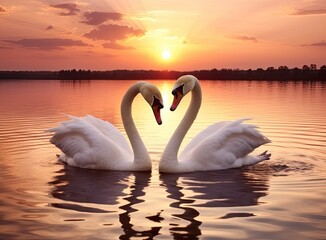 The couple of swans with their necks form a heart. Mating games of a pair of white swans. Swans swimming on the water in nature. Valentine's Day background. Created with Generative AI technology.