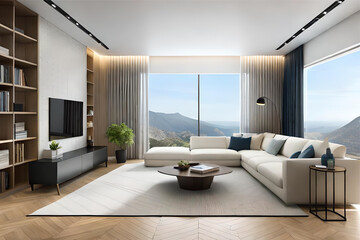 Interior design of a living room design that embodies the essence of minimalism, focusing on clean lines, neutral colors, and uncluttered spaces.