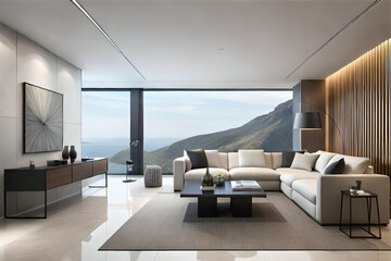 Interior design of a living room design that embodies the essence of minimalism, focusing on clean lines, neutral colors, and uncluttered spaces.