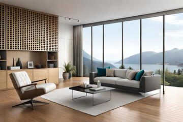 Naklejka na ściany i meble Interior design of a living room design that embodies the essence of minimalism, focusing on clean lines, neutral colors, and uncluttered spaces.
