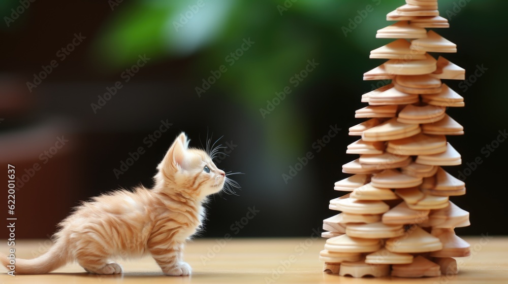Poster a small kitten standing next to a stack of cookies. generative ai image.